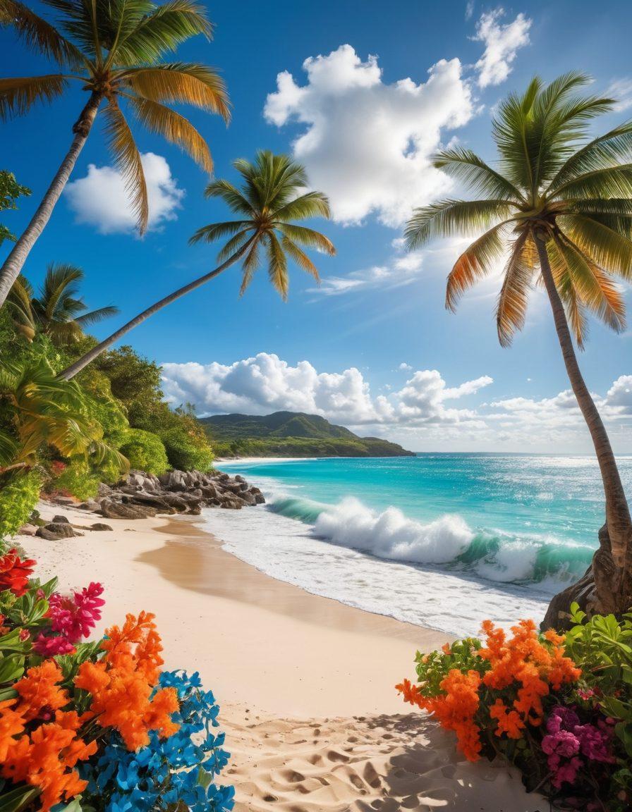 A lively beach scene showcasing a surfer riding a wave on one side and a snorkeler exploring coral reefs on the other. Brightly colored swim attire, such as surf shorts and snorkeling gear, are prominently featured. Include tropical palm trees, fluffy clouds, and sun loungers to enhance the beach atmosphere. The image should evoke a sense of adventure and relaxation. vibrant colors. super-realistic.