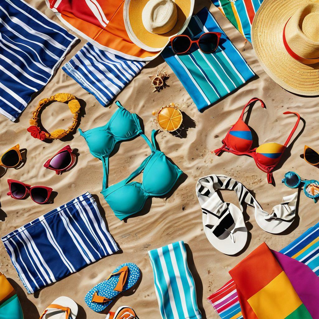 A vibrant beach scene featuring stylish swimwear on models of diverse backgrounds, showcasing colorful bikinis, swim trunks, and cover-ups. Include sparkling ocean waves in the background and beach accessories like sunglasses and beach towels scattered around. The sun is setting, casting a warm golden glow, enhancing the summer vibe. super-realistic. vibrant colors. 3D.