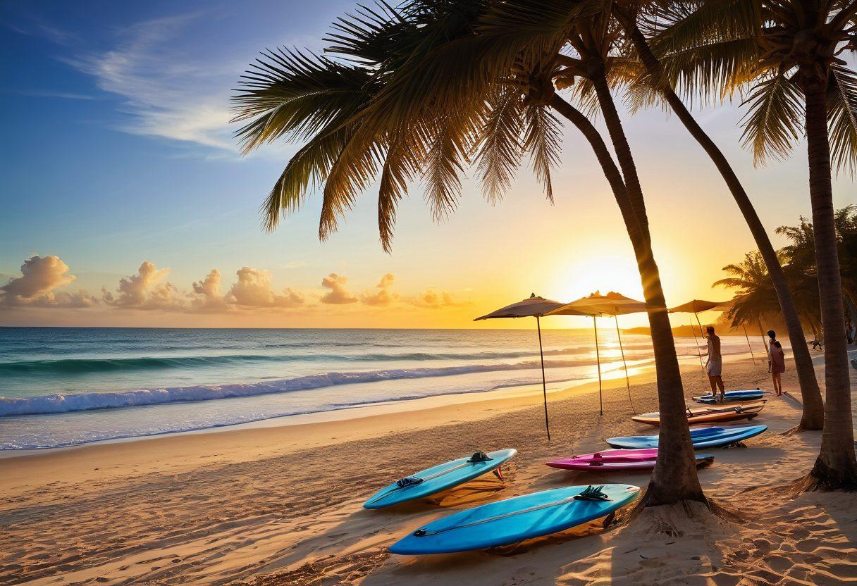 A vibrant beach scene showcasing stylish individuals wearing chic aquatic apparel, surrounded by lush palm trees and crystal-clear ocean waters. Include colorful beach umbrellas and surfboards for an energetic vibe, while featuring tropical flowers and seashells scattered on the sand. The sun sets in the background, casting a warm glow over the scene. super-realistic. vibrant colors. tropical theme.